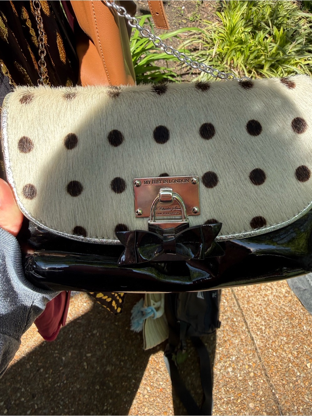 My Flat in London Cream and Black Polka Dot Haircalf Shoulder Bag
